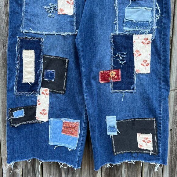 Upcycled Reworked Patched Hippie Boho Distressed Wide Leg Jeans size 20W - Picture 6 of 14